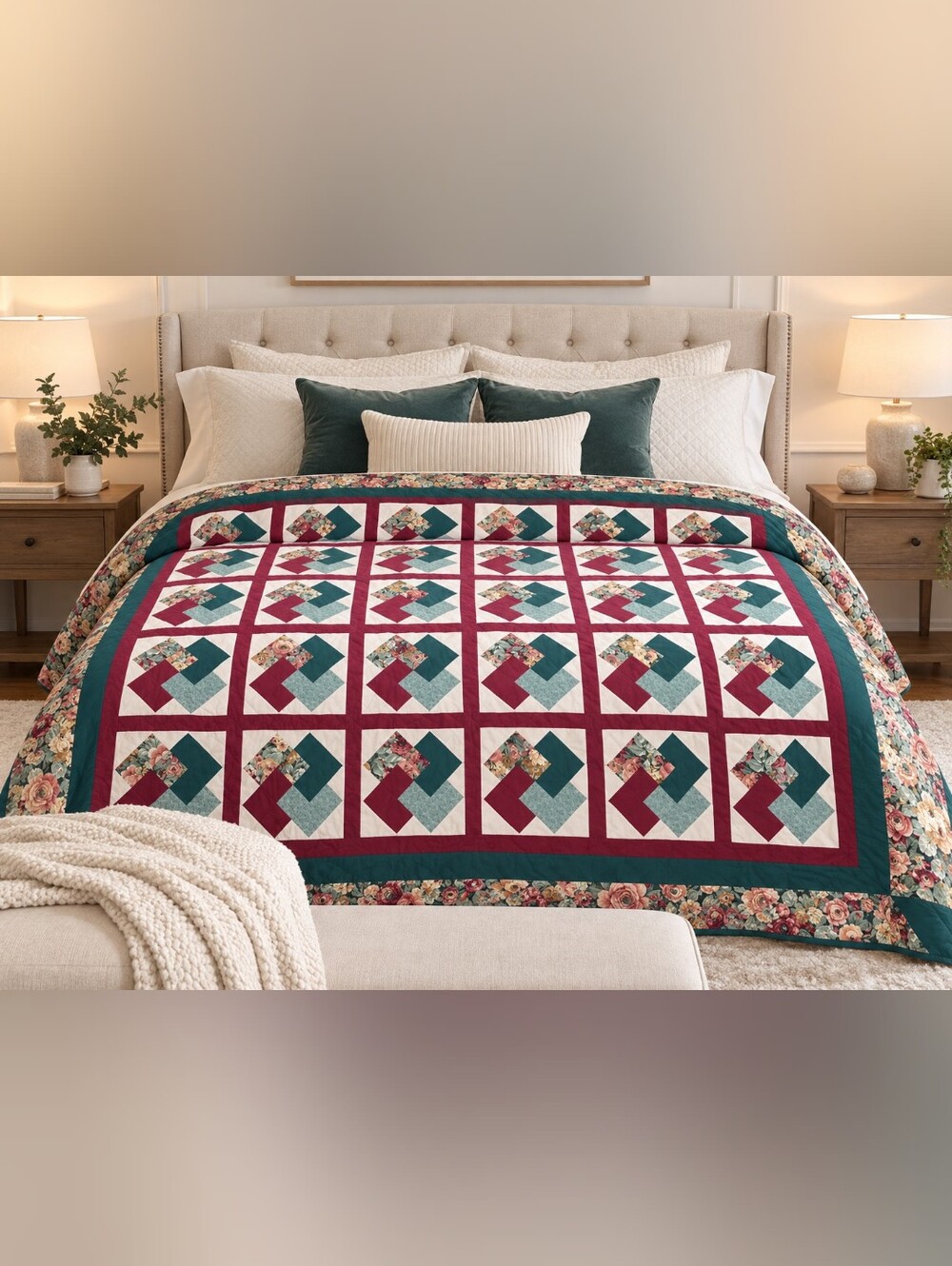 Floral Patchwork Quilt Comforter in Teal and Wine